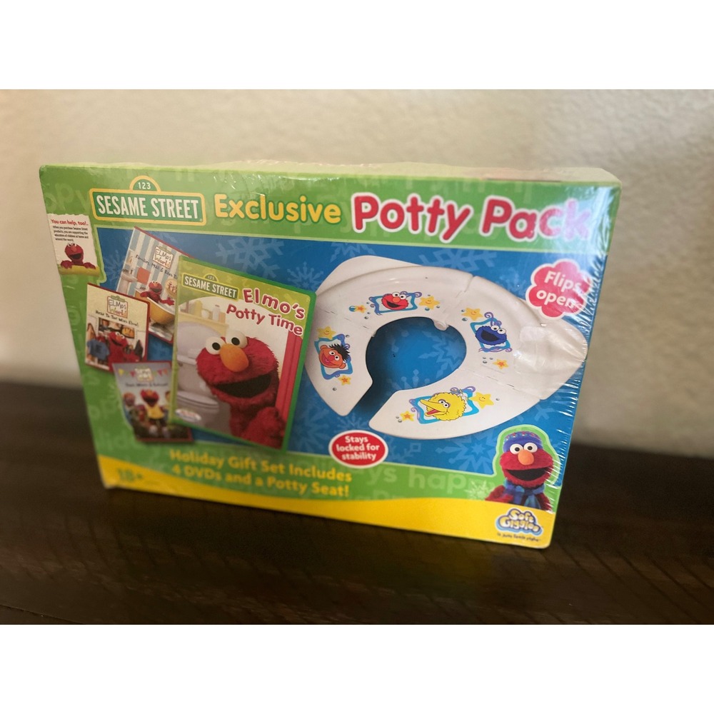 Sesame Street Exclusive Potty Pack 4 DVD Set and Folding Potty Seat Elmo New